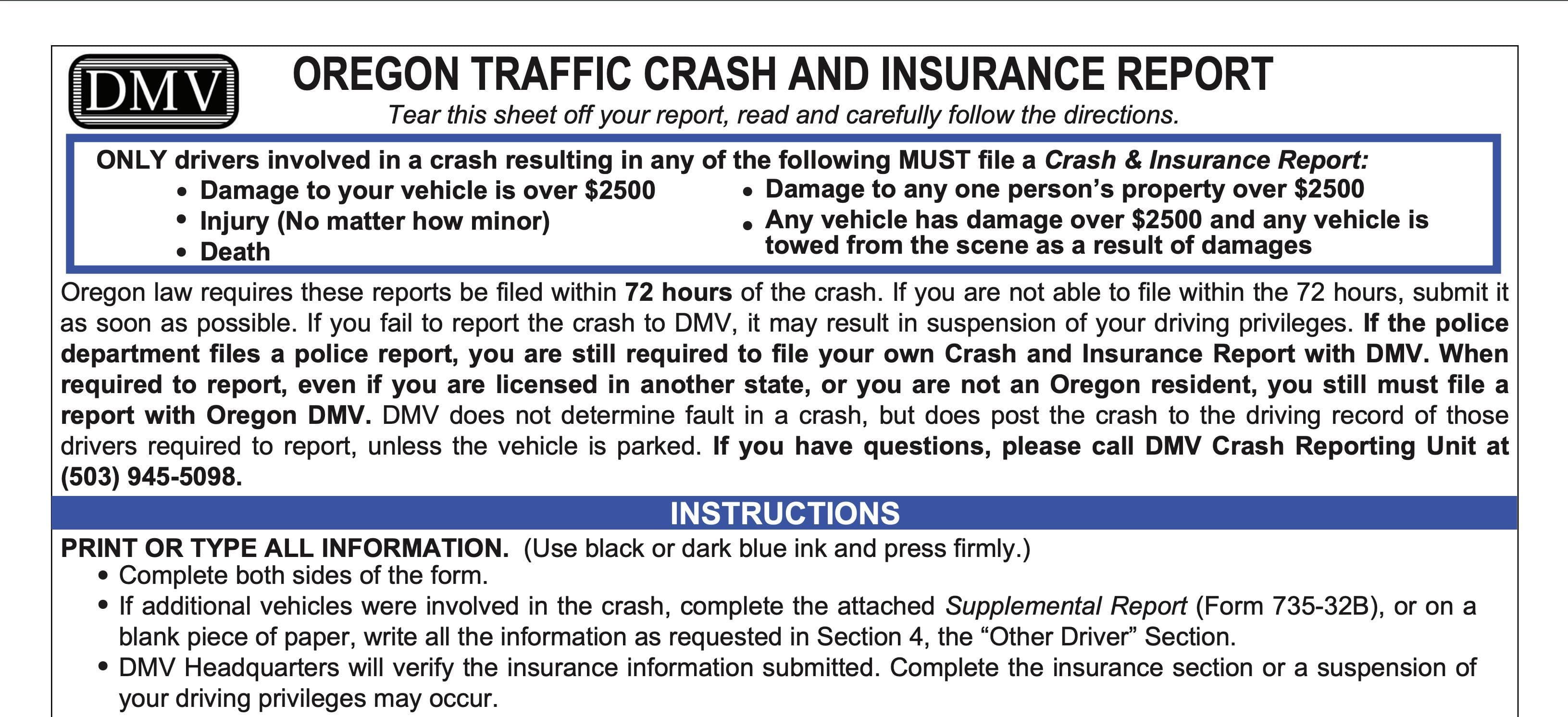 The first page of the official Oregon Traffic Collision and Insurance Report.